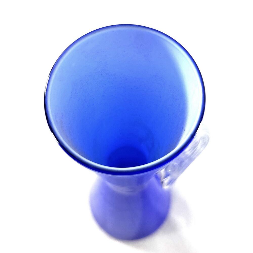 Cobalt Blue Art Glass Pitcher 10.75” Clear Applied Handle Modern Vase - Picture 6 of 6